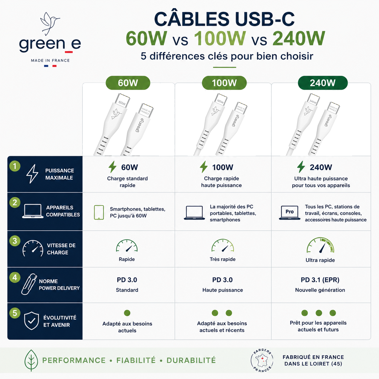 Câble GREEN-E USB-C 240W Fabriqué en France, 1,0 m, Blanc
