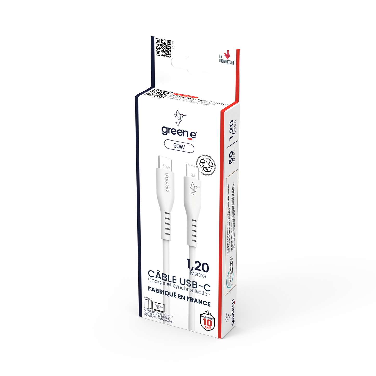 Câbles GREEN_E USB-C 60W Fabriqué en France, 1,20 m, Blanc
