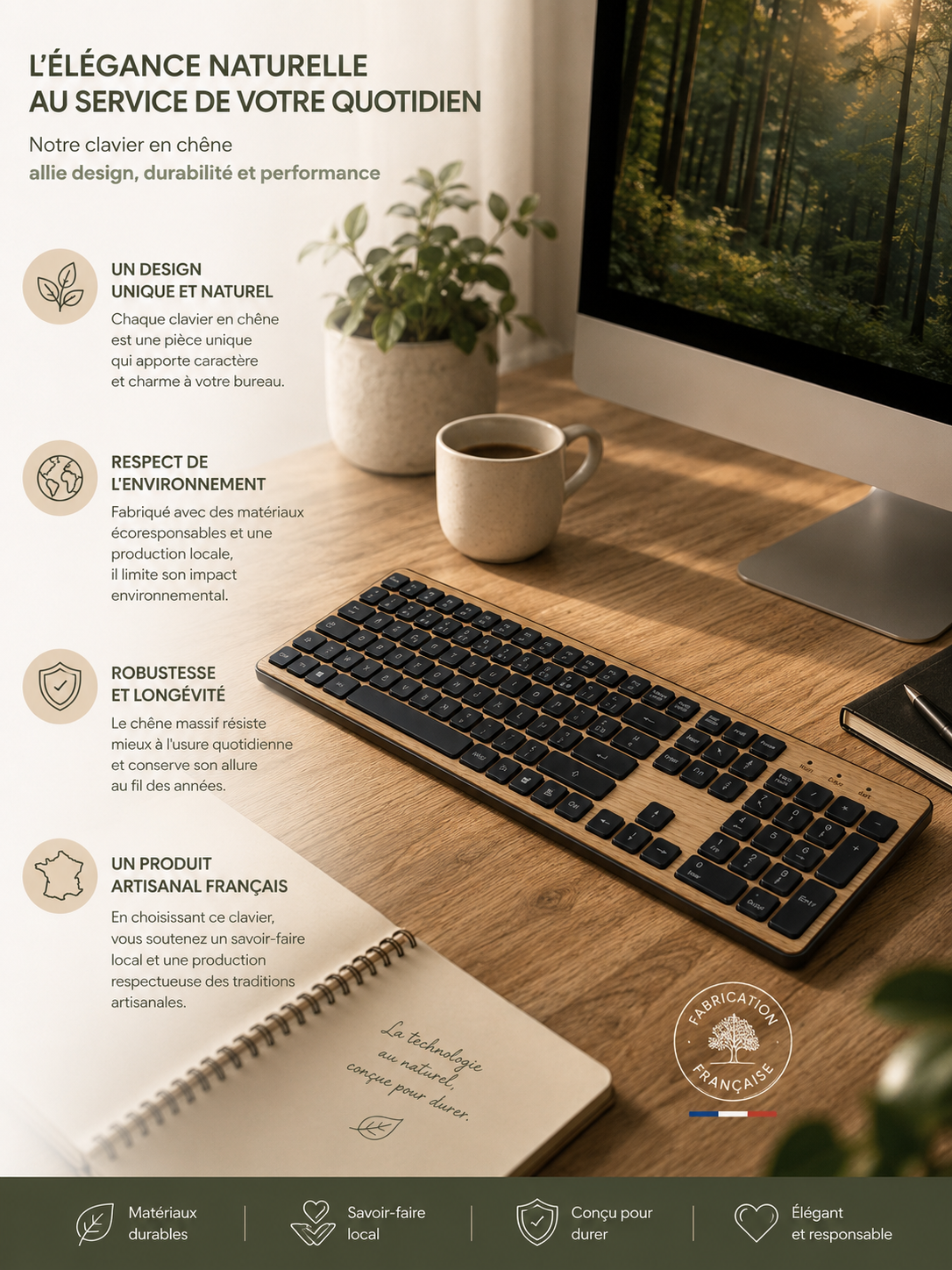 Clavier sans fil GREEN_E placage Bois façonné en France, chêne naturel