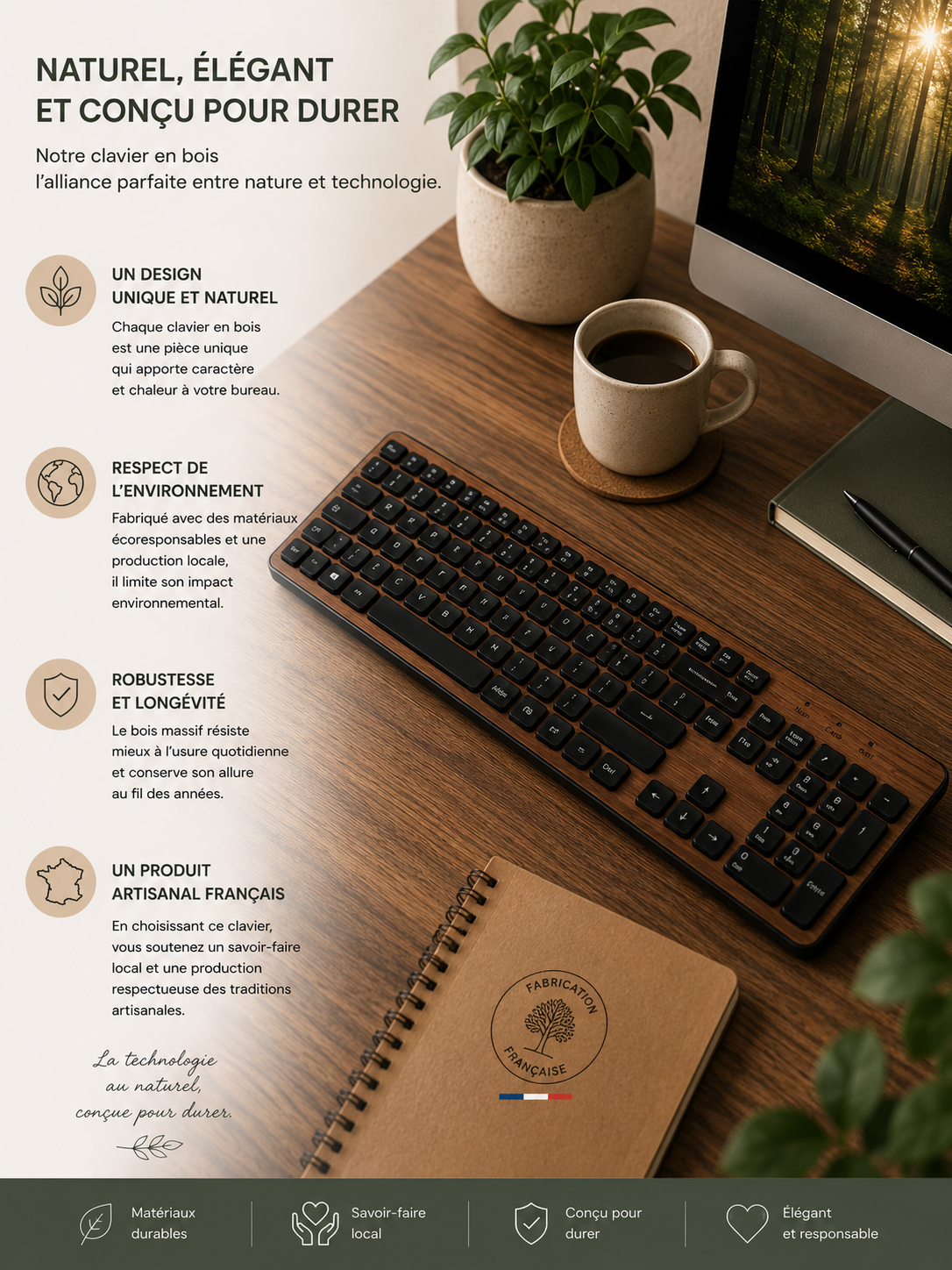 Clavier sans fil GREEN-E avec placage Noyer naturel