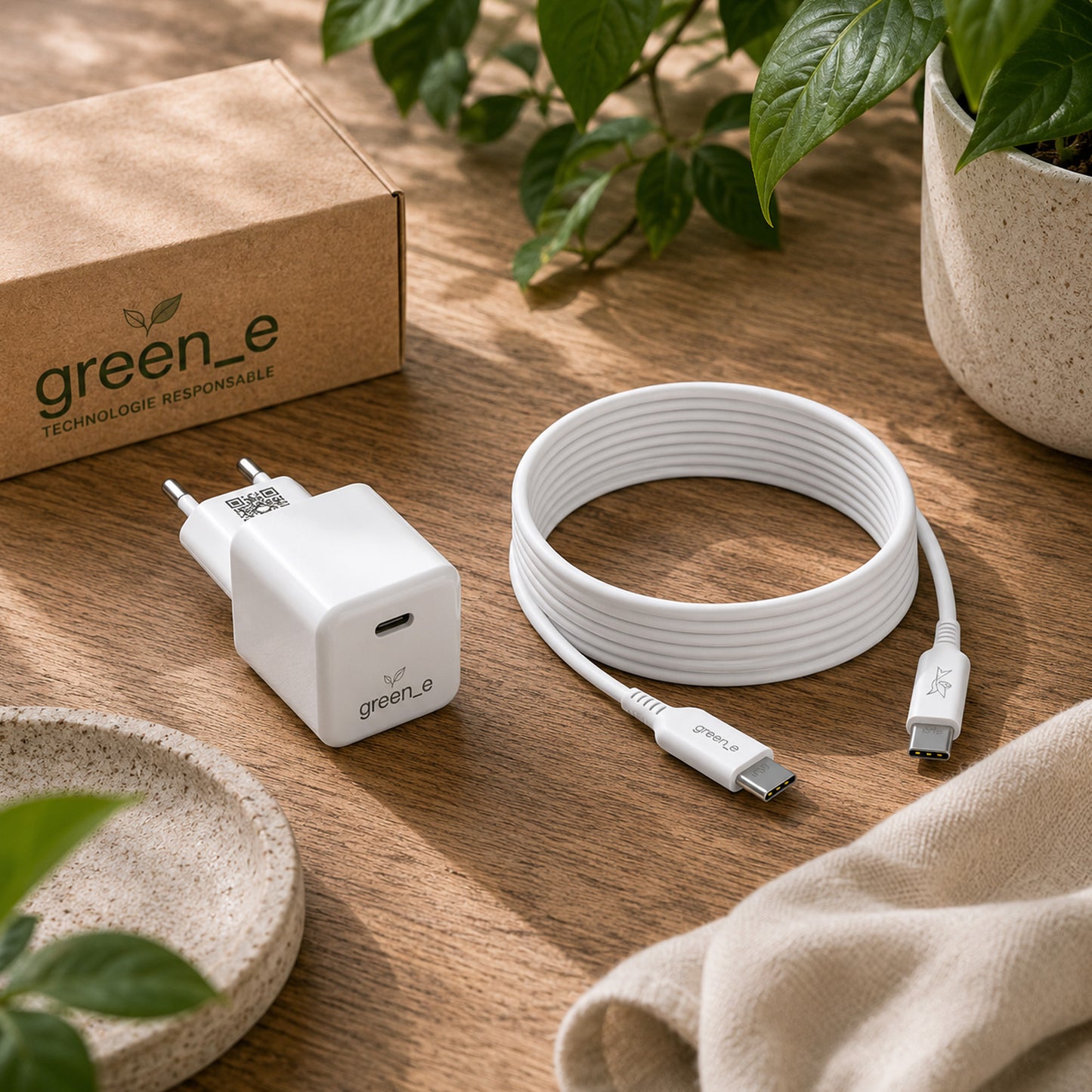 Kit de charge Universel USB-C 20W 1 USB-C GREEN-E France - Certifié Origine France Garantie, câble USB-C vers USB-C fabriqué en France 1,20m Blanc