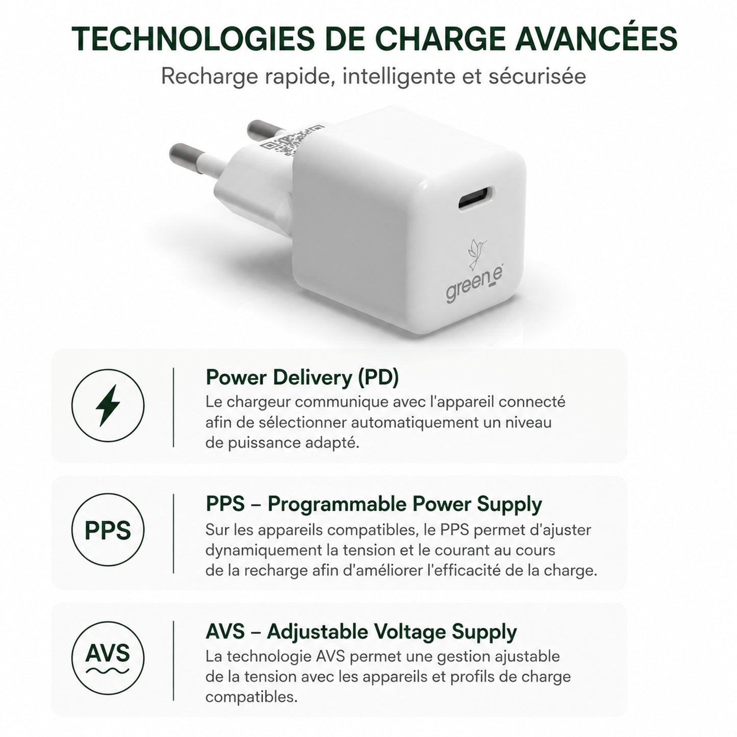 Kit de charge Universel USB-C 20W 1 USB-C GREEN-E France - Certifié Origine France Garantie, câble USB-C vers USB-C fabriqué en France 1,20m Blanc