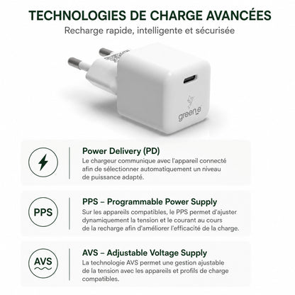 Kit de charge Universel USB-C 20W 1 USB-C GREEN-E France - Certifié Origine France Garantie, câble USB-C vers USB-C fabriqué en France 1,20m Blanc