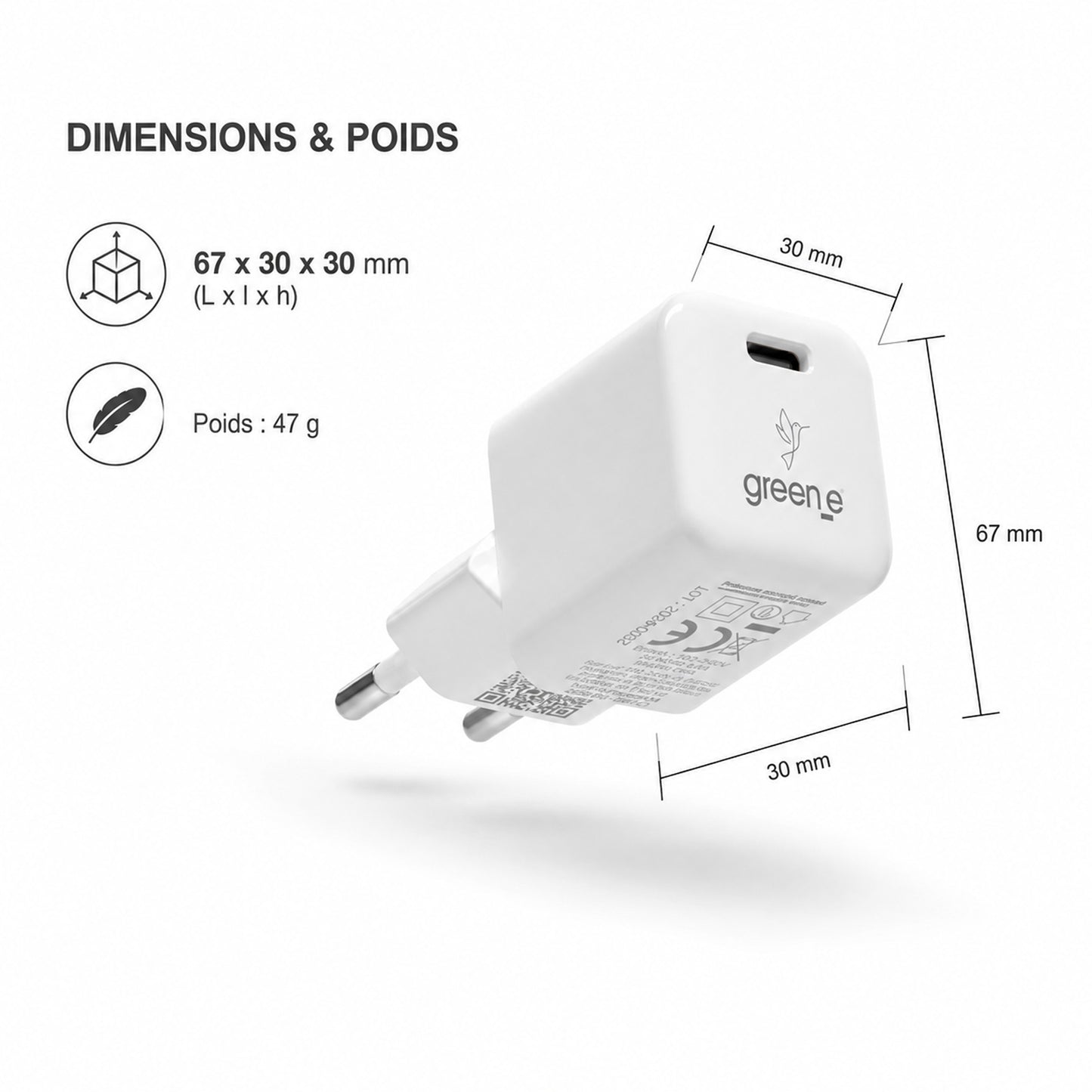 Kit de charge Universel USB-C 20W 1 USB-C GREEN-E France - Certifié Origine France Garantie, câble USB-C vers USB-C fabriqué en France 1,20m Blanc