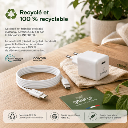 Kit de charge Universel USB-C 20W 1 USB-C GREEN-E France - Certifié Origine France Garantie, câble USB-C vers USB-C fabriqué en France 1,20m Blanc