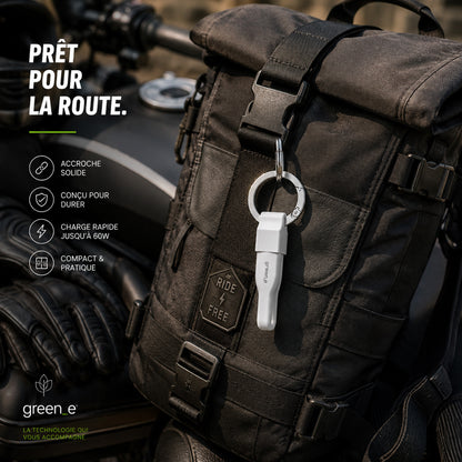 Porte clé câble green-e éco-conçu USB-A vers Lightning, 15 cm, Blanc