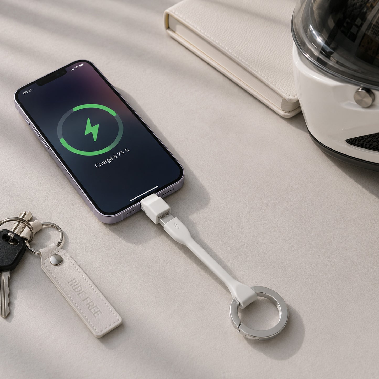 Porte clé câble green-e éco-conçu USB-A vers Lightning, 15 cm, Blanc