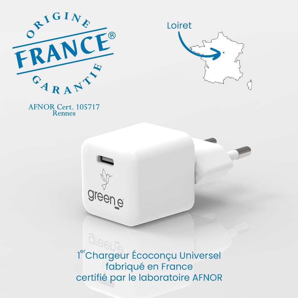 Chargeur Universel USB-C 30W GREEN-E France, Certifié Origine France Garantie, Blanc