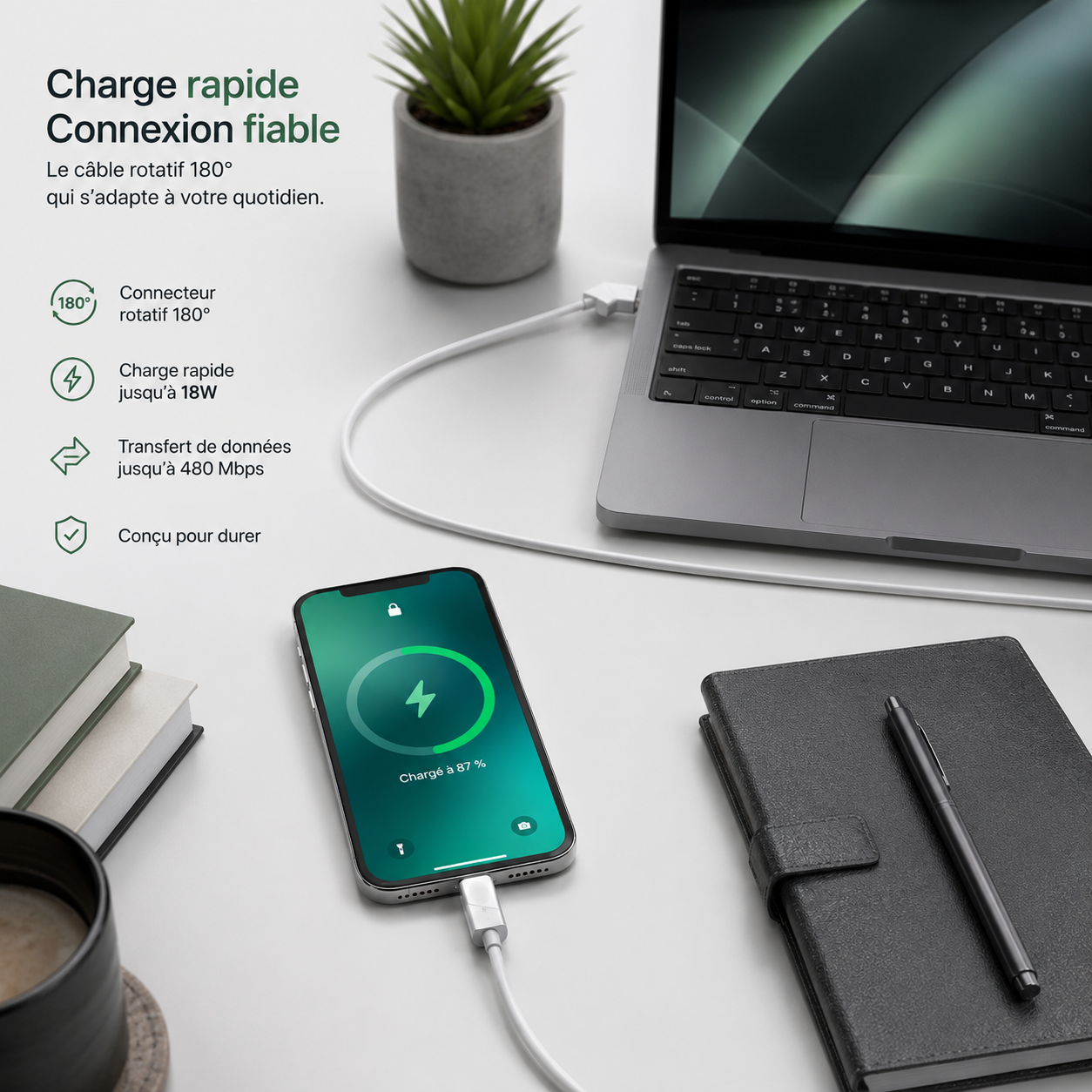 Câble écoconçu GREEN-E avec embouts rotatifs USB-C vers USB, 1,20 m, Blanc