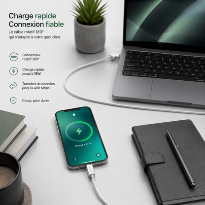 Câble écoconçu GREEN-E avec embouts rotatifs USB-C vers USB, 1,20 m, Blanc