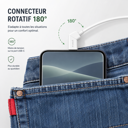 Câble écoconçu GREEN-E avec embouts rotatifs USB-C vers USB, 1,20 m, Blanc