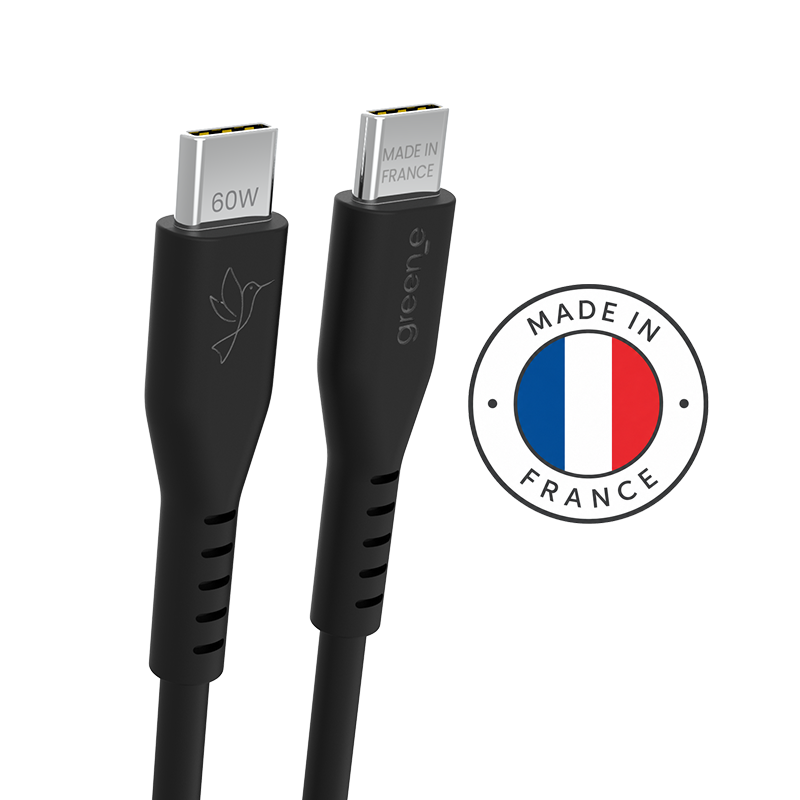 Câble GREEN_E USB-C 60W Fabriqué en France, 2,50 m, Noir Légende