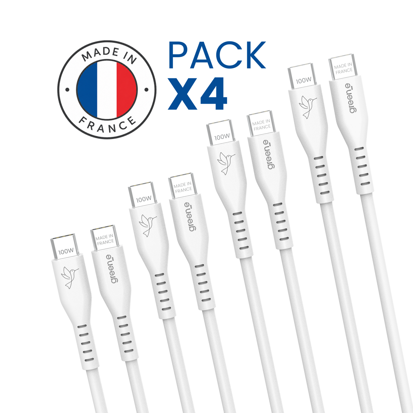 Pack Business 4 Câbles GREEN_E USB-C 100W Fabriqué en France, 1,50 m, Blanc