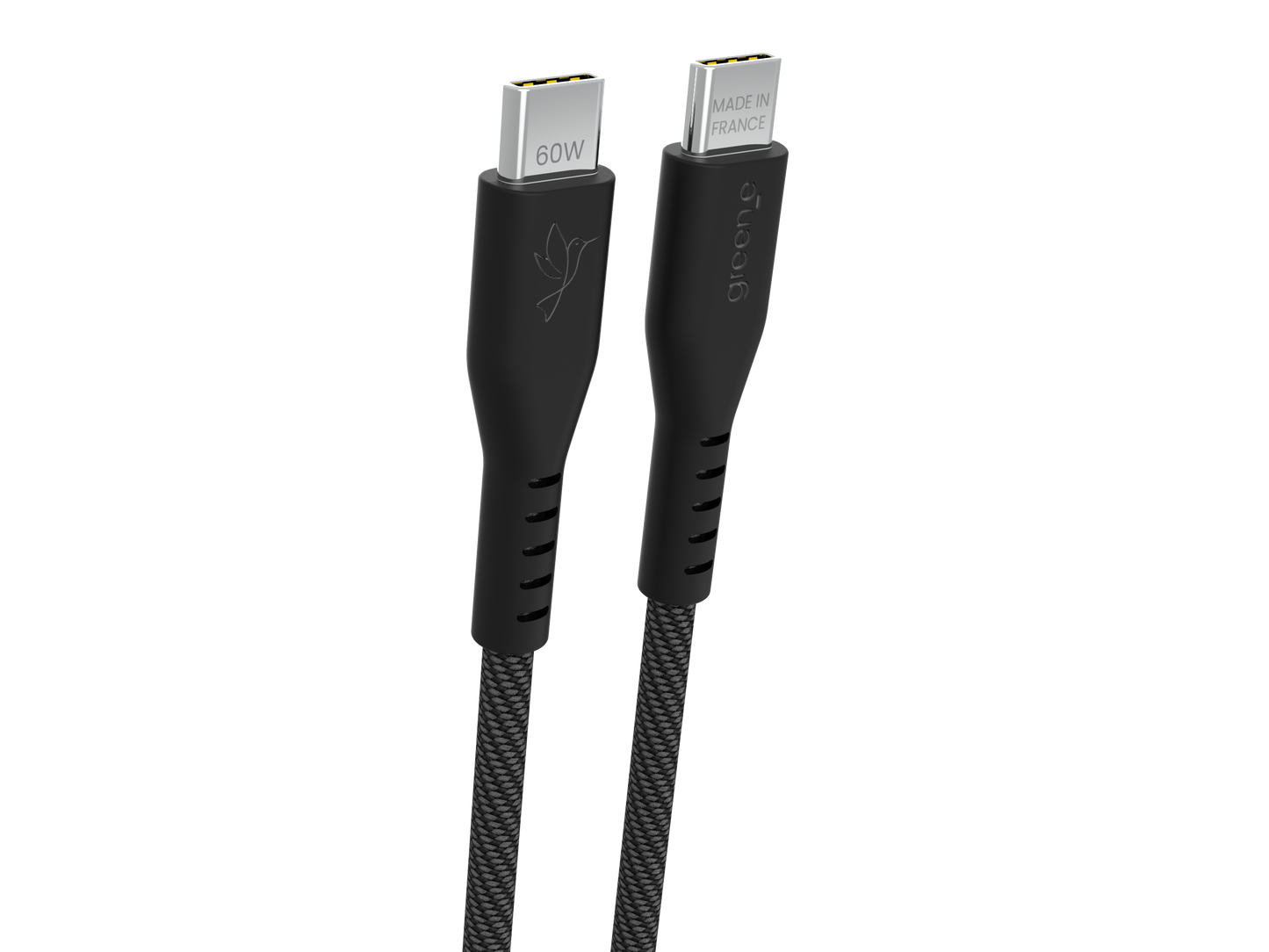 Câble tressé GREEN_E USB-C 60W Fabriqué en France, 1,50 m, Noir légende