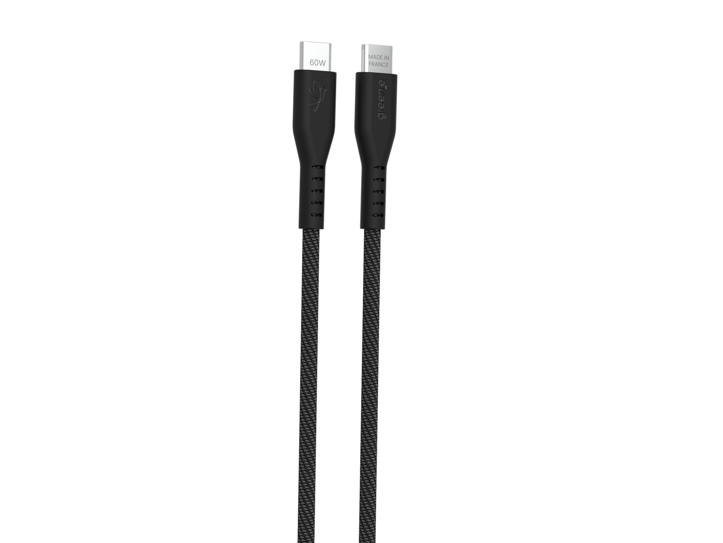 Câble tressé GREEN_E USB-C 60W Fabriqué en France, 1,50 m, Noir légende
