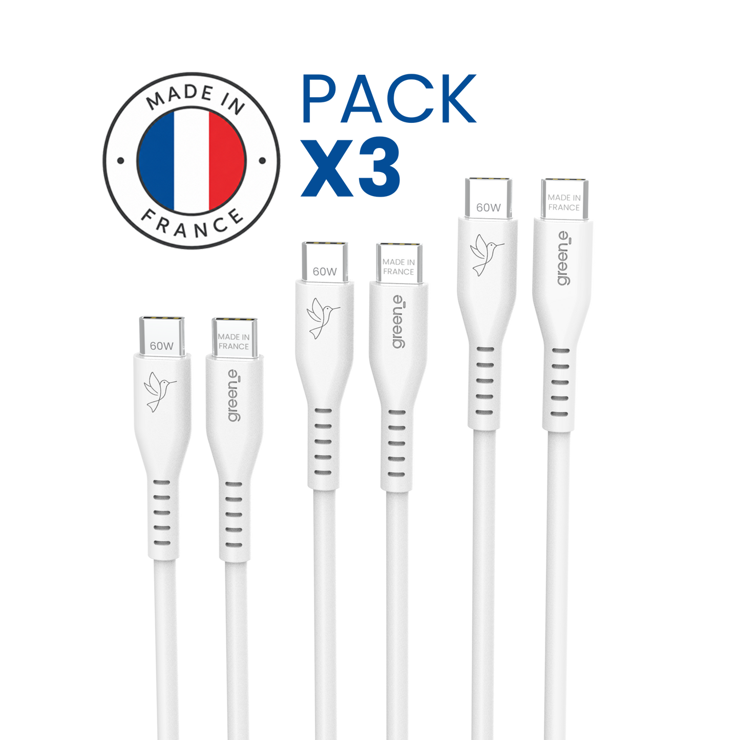 Pack famille lot de 3 Câbles GREEN_E USB-C 60W Fabriqué en France, 1,20 m, Blanc