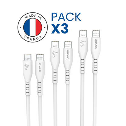 Pack famille lot de 3 Câbles GREEN_E USB-C 60W Fabriqué en France, 1,20 m, Blanc