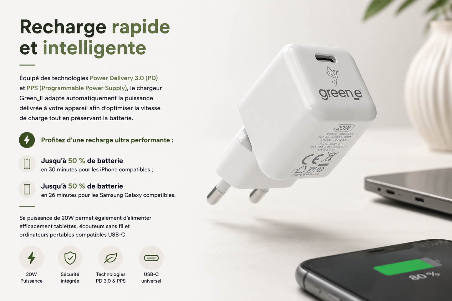 Chargeur Universel USB-C 20W GREEN-E France - Certifié Origine France Garantie - Blanc