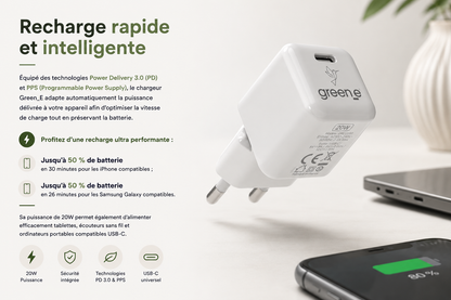Chargeur Universel USB-C 20W GREEN-E France - Certifié Origine France Garantie - Blanc