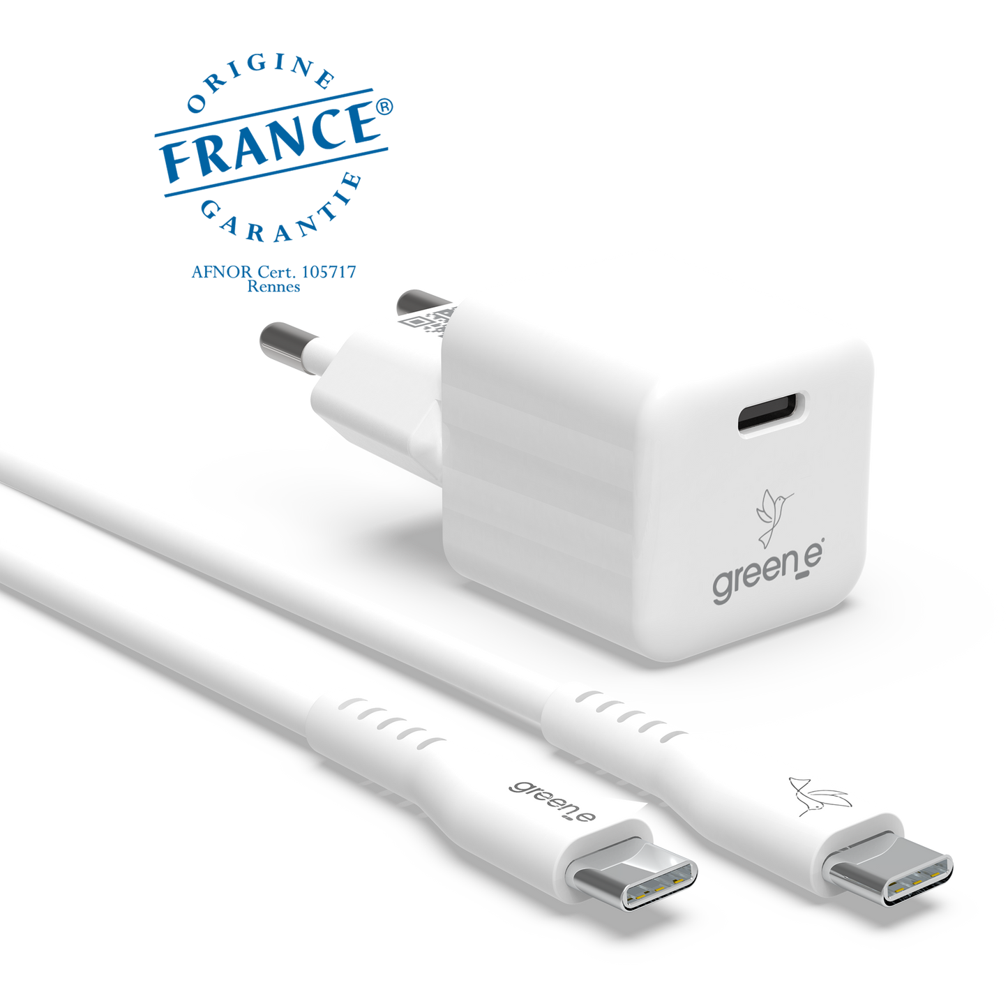 Kit de charge Universel USB-C 20W 1 USB-C GREEN-E France - Certifié Origine France Garantie, câble USB-C vers USB-C fabriqué en France 1,20m Blanc
