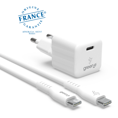 Kit de charge Universel USB-C 20W 1 USB-C GREEN-E France - Certifié Origine France Garantie, câble USB-C vers USB-C fabriqué en France 1,20m Blanc