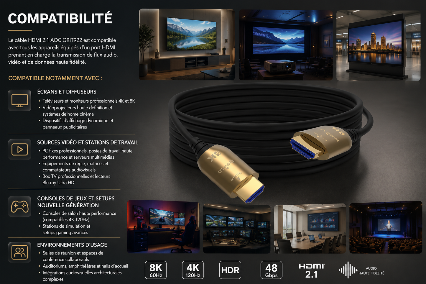 AOC Premium Ultra High Speed ​​HDMI 2.1 Kabel, HDR, 3 m, 48 Gbit/s, 8K 60 Hz/4K 120 Hz – GRIT921