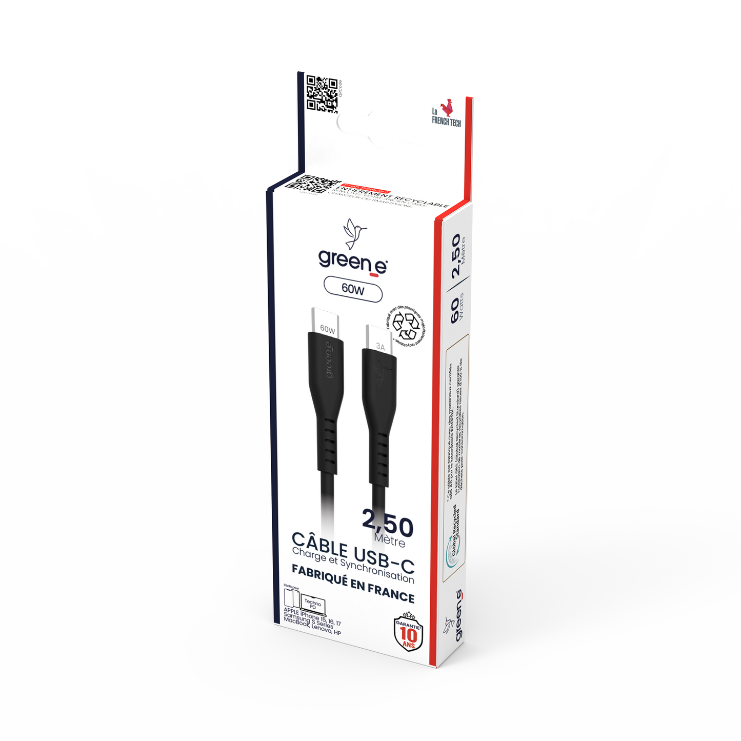Câble USB-C 60W Fabriqué en France, 2,50 m, Noir