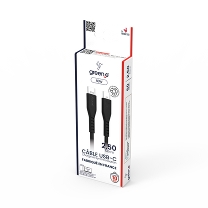 Câble USB-C 60W Fabriqué en France, 2,50 m, Noir