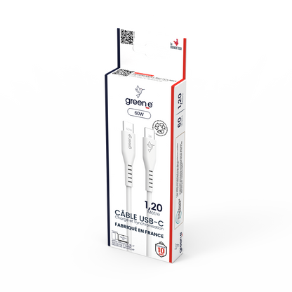 Câble USB-C 60W Fabriqué en France, 1,20 m, Blanc