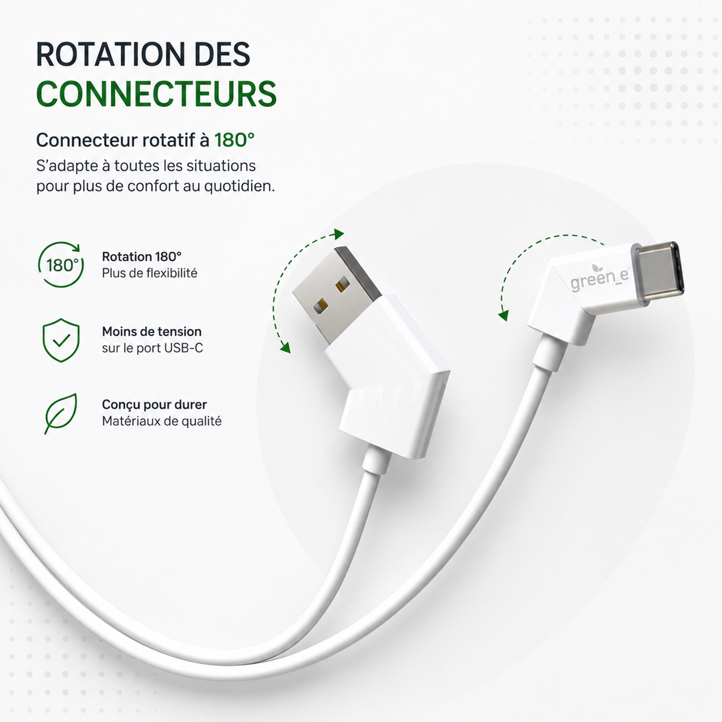 Câble écoconçu GREEN-E avec embouts rotatifs USB-C vers USB, 1,20 m, Blanc