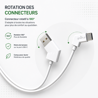 Câble écoconçu GREEN-E avec embouts rotatifs USB-C vers USB, 1,20 m, Blanc