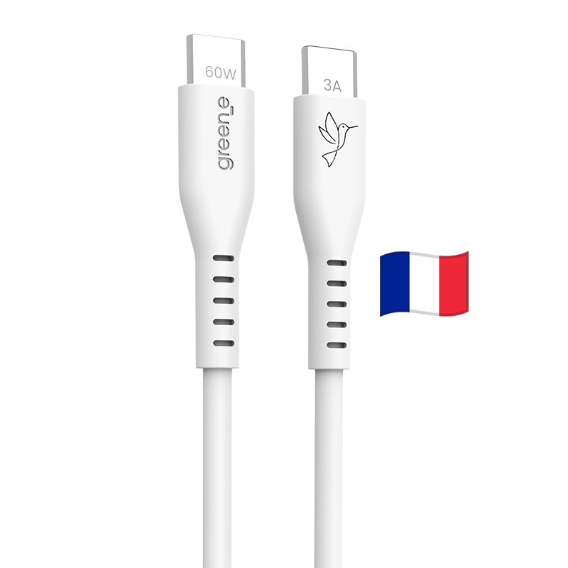 Câble USB-C 60W Fabriqué en France, 1,20 m, Blanc