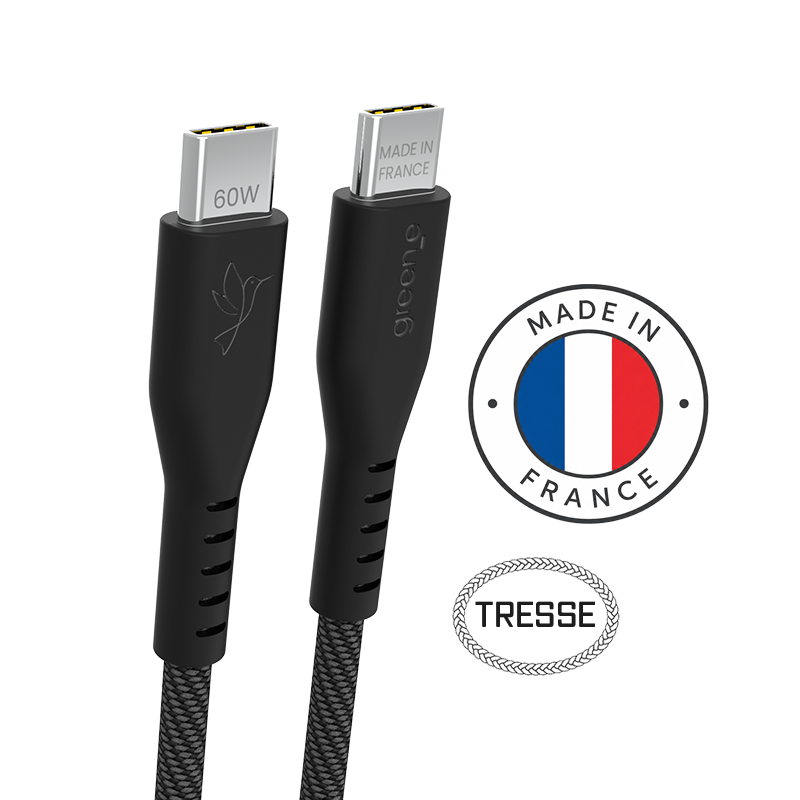 Câble tressé GREEN_E USB-C 60W Fabriqué en France, 1,50 m, Noir légende