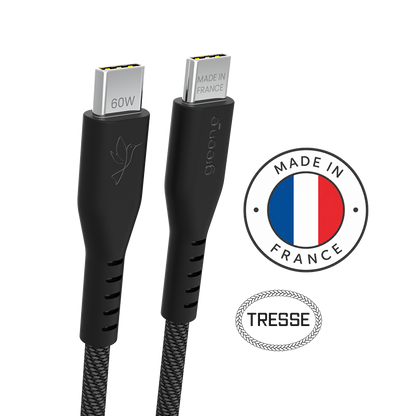 Câble tressé GREEN_E USB-C 60W Fabriqué en France, 1,50 m, Noir légende